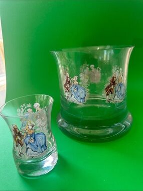 Vintage Style Etched Glass Punch Bowl Set with Romantic Couple Motif
